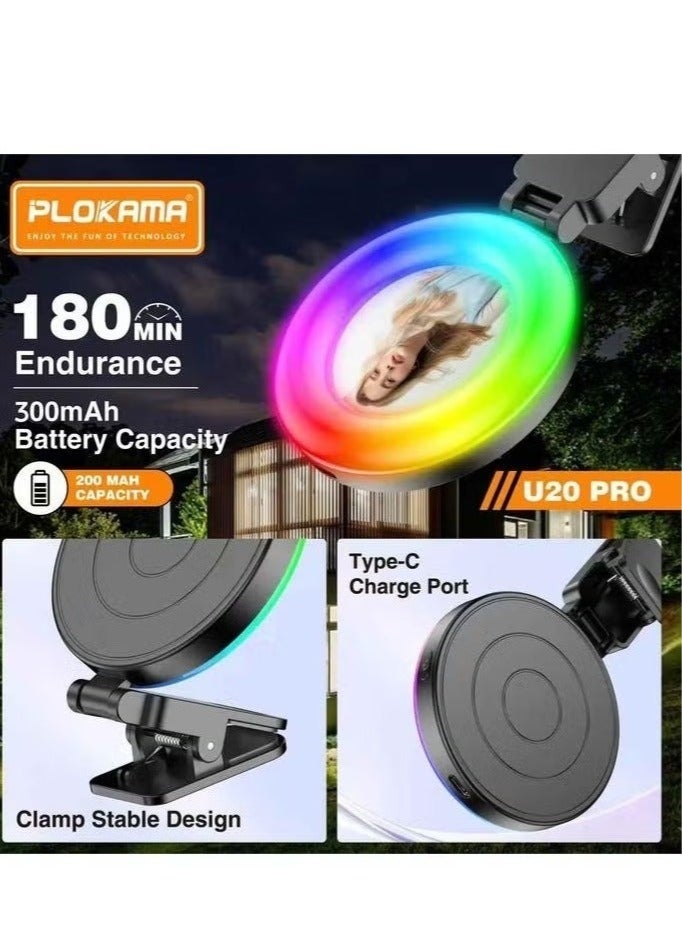 PLOKAMA U20 PRO Ring Selfie Mirror Mini RGB Clip LED Fill Light with Tripod Clamp – Adjustable Brightness Portable Video Light for Mobile Phones & Cameras, Makeup, and Vlogging (Black) - Image 4