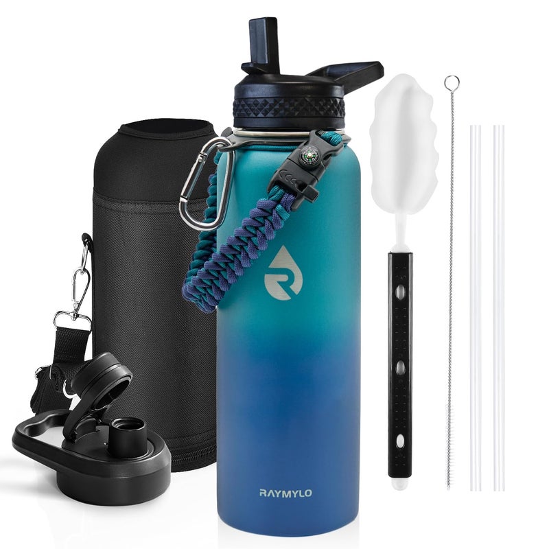 RAYMYLO Insulated Water Bottle 40 oz Triple Wall Vacuum Stainless Steel Cold for 48 Hrs Leak Proof NonBPA Modern Water Flask Jug with Paracord Handle Straw Spout Lids Cyan Blue