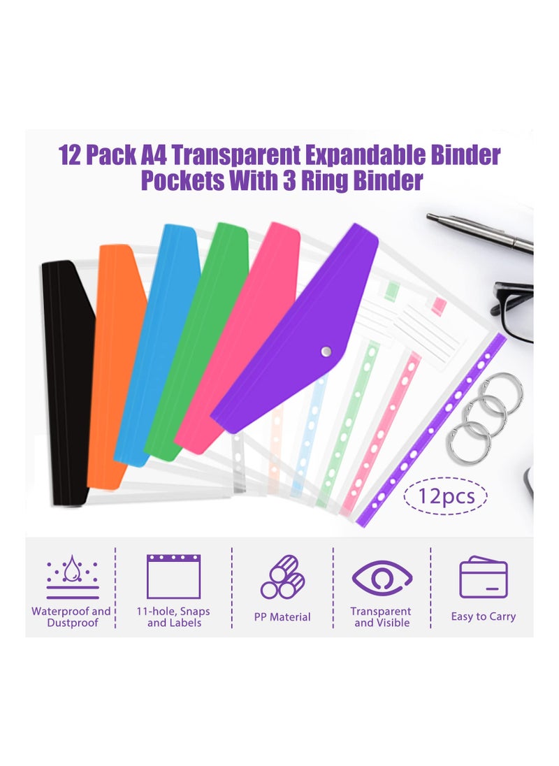 SYOSI Expandable Binder Pocket, 12 Packs A4 Clear Plastic Envelopes, with 11 Holes,  for Ring Binder Folder, Snap Button and Lable Poly Envelopes Plastic Envelopes, for Home Work Office Organization  - Image 5