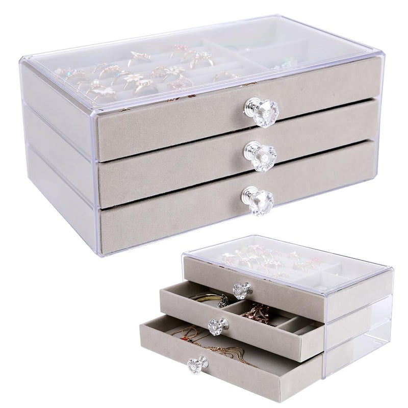 Clear Acrylic Jewelry Box - Large Capacity Organizer with 3 Velvet-Lined Drawers for Rings, Bracelets, Earrings, and Accessories