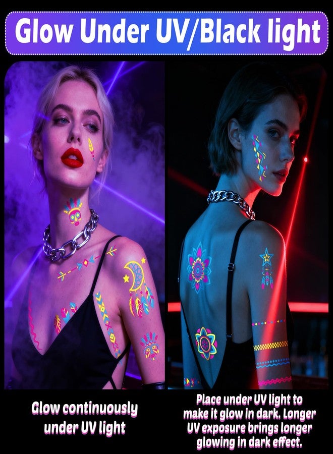 atydkug Glow in the Dark Tattoos 256+ PCS - Luminous Party Supplies Neon Body Paint UV Face Temporary Tattoos for Adults Teens, 32 Sheets Neon Accessories Carnival Raves Party Favors & Decorations - Image 4