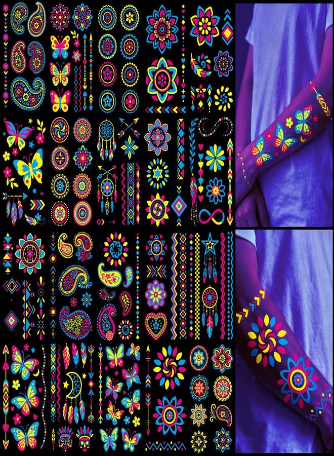 atydkug Glow in the Dark Tattoos 256+ PCS - Luminous Party Supplies Neon Body Paint UV Face Temporary Tattoos for Adults Teens, 32 Sheets Neon Accessories Carnival Raves Party Favors & Decorations - Image 1