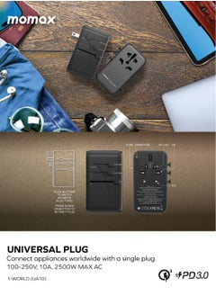 Momax UA10D 1-World 100W GaN 4 Ports + Multi Plug Travel Adapter Multi Volt 100-250V USB-C / USB-A - Black  - Image 5
