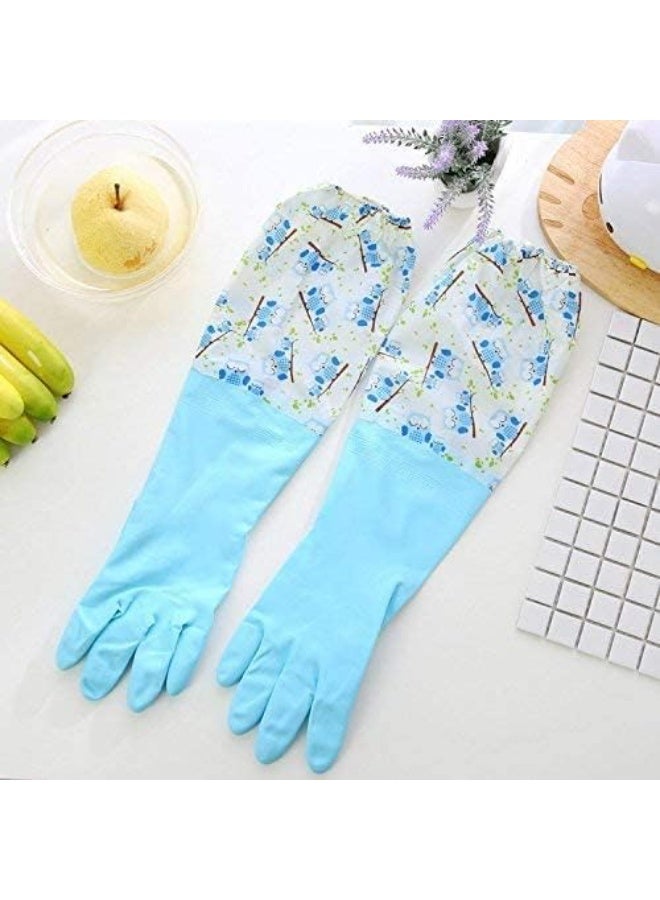 Reusable Long Rubber Cleaning Gloves Waterproof Dishwashing Gloves with Floral Elastic Sleeves Cuffs Heavy Duty Housework Washing Gloves - 1 Pair - Image 3