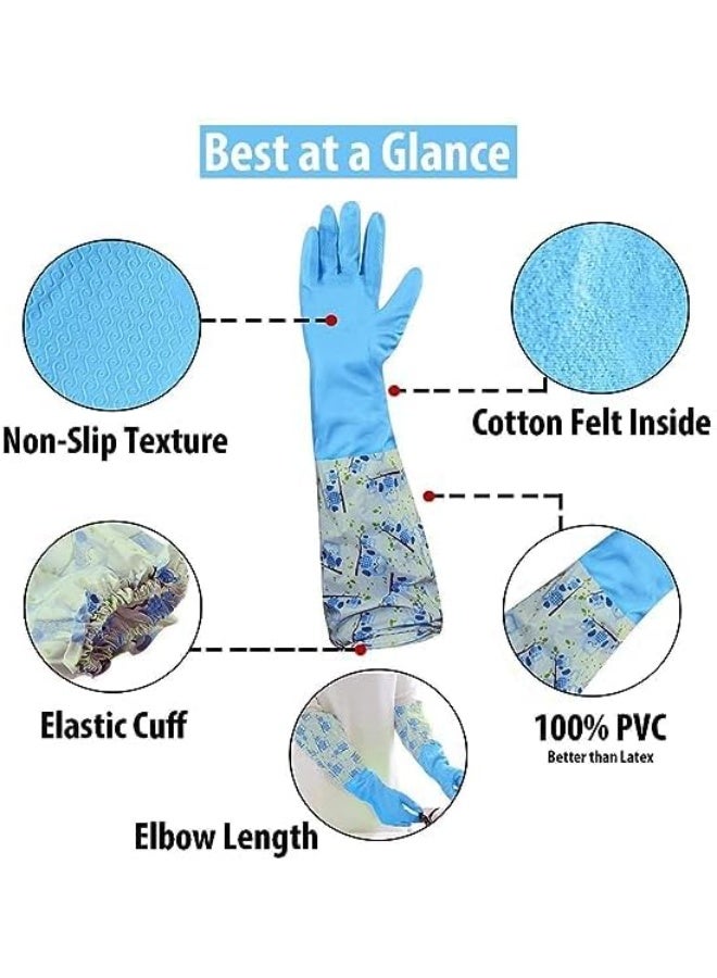 Reusable Long Rubber Cleaning Gloves Waterproof Dishwashing Gloves with Floral Elastic Sleeves Cuffs Heavy Duty Housework Washing Gloves - 1 Pair - Image 4