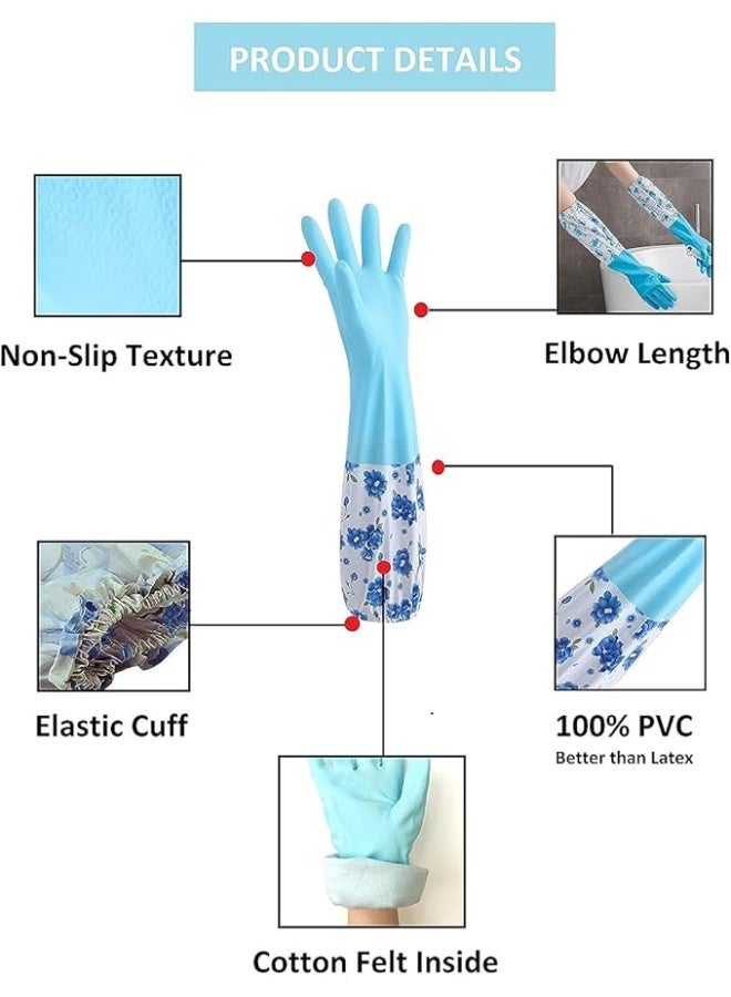 Reusable Long Rubber Cleaning Gloves Waterproof Dishwashing Gloves with Floral Elastic Sleeves Cuffs Heavy Duty Housework Washing Gloves - 1 Pair - Image 2