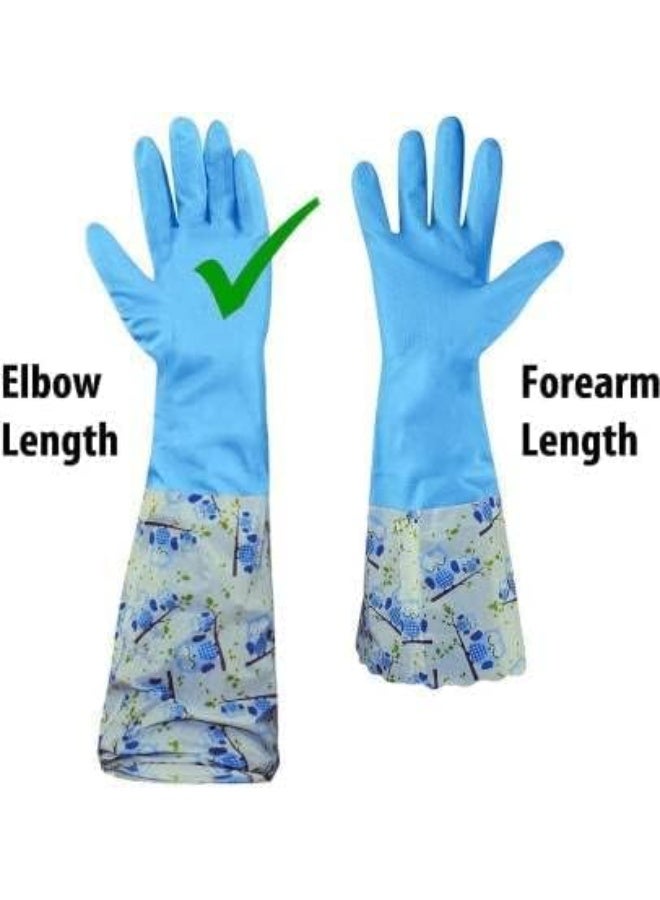 Reusable Long Rubber Cleaning Gloves Waterproof Dishwashing Gloves with Floral Elastic Sleeves Cuffs Heavy Duty Housework Washing Gloves - 1 Pair - Image 5