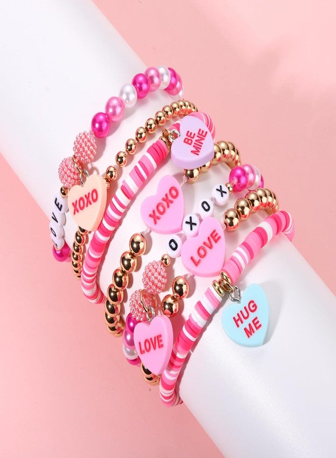 BVGA Beaded Heishi Hot Pink Bracelet Stackable Valentine's Day Beaded XOXO Love Heart Charm Stretch Bracelet Holiday XOXO Letter Bracelets Festive Jewelry Gifts for Women - Image 3