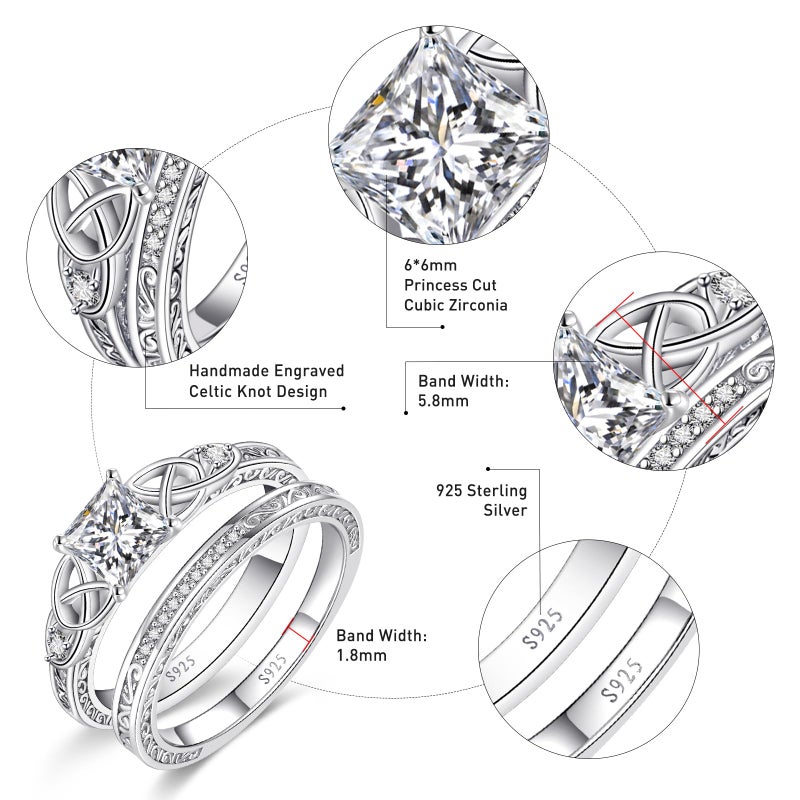 Yaresul Women's Bridal Rings Sets Princess Cut Engagement Ring 925 Sterling Silver Princess Cut Wedding Rings for Women Wedding Ring Set for Women Cubic Zirconia Engagement Rings Size 7 - Image 3