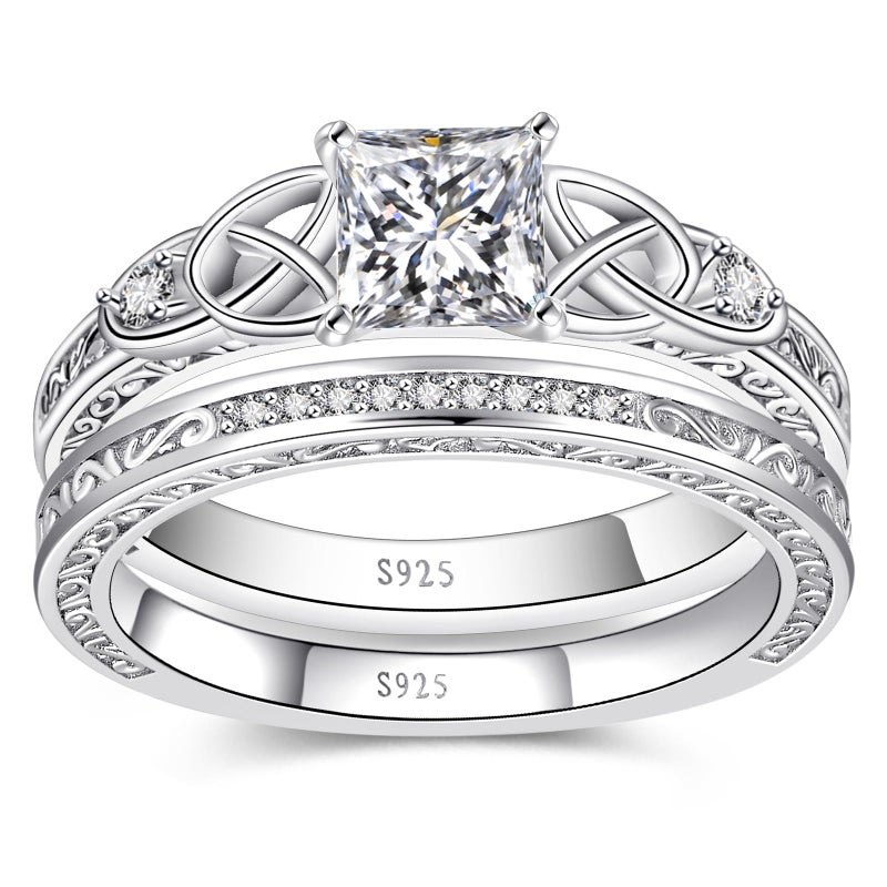 Yaresul Women's Bridal Rings Sets Princess Cut Engagement Ring 925 Sterling Silver Princess Cut Wedding Rings for Women Wedding Ring Set for Women Cubic Zirconia Engagement Rings Size 7 - Image 1