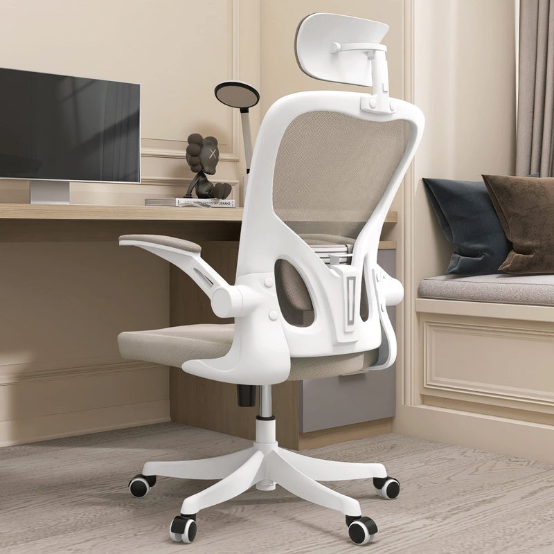 Monhey Monhey Office Chair Ergonomic Desk Chair with Lumbar SupportHeadrestFlipup Arms Height Adjustable Rocking Swivel High Back Computer Chair Warm Taupe Mesh Study Chair 02WhiteKhaki