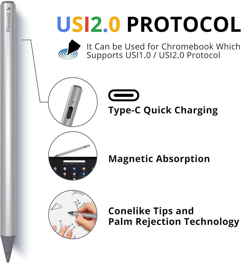 Penoval USI2.0 Stylus Pen for Chromebook, 4096 Levels Pressure for Lenovo chromebook Duet, ASUS chromebook C436, HP chromebook X360 12b, HP chromebook X360 14b Spare Tip Included, USI2.0 - Image 3