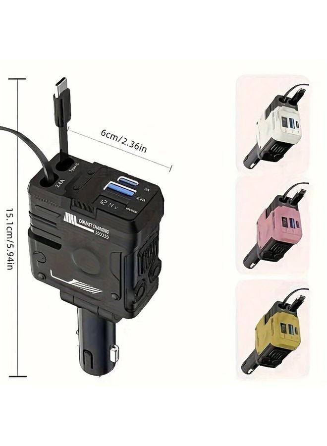 Black YITUMU شاحن سيارة قابل للسحب 4 في 1 فائق السرعة بقوة 66 واط مع منفذين USB - Image 3