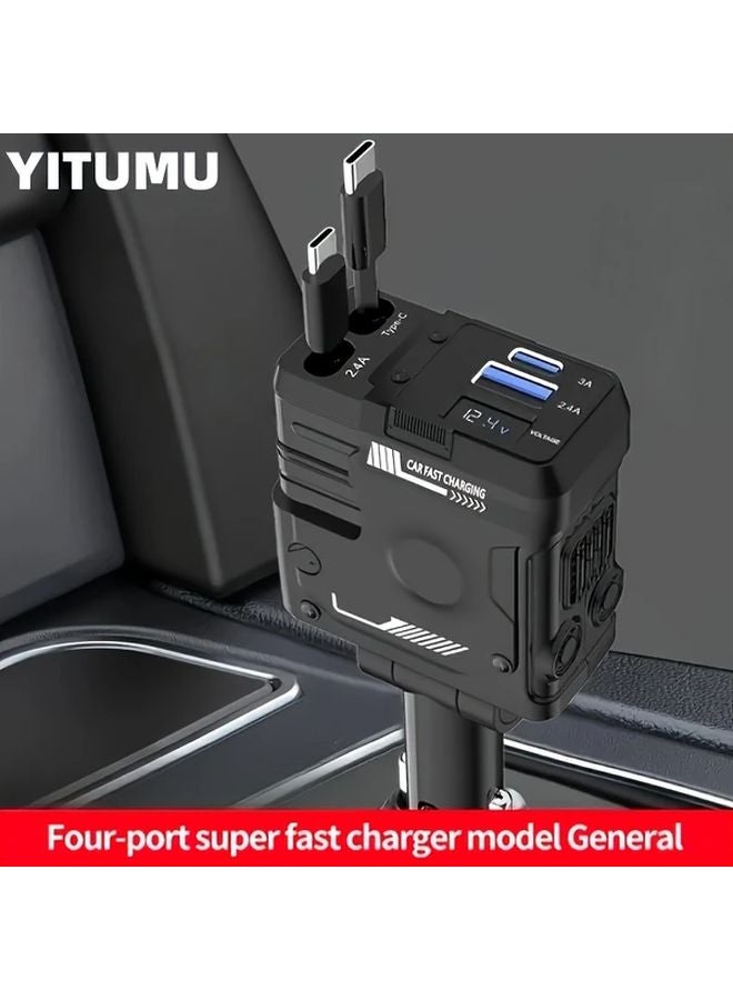 Black YITUMU شاحن سيارة قابل للسحب 4 في 1 فائق السرعة بقوة 66 واط مع منفذين USB - Image 1