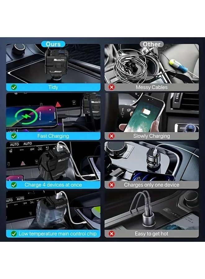 Black YITUMU شاحن سيارة قابل للسحب 4 في 1 فائق السرعة بقوة 66 واط مع منفذين USB - Image 5
