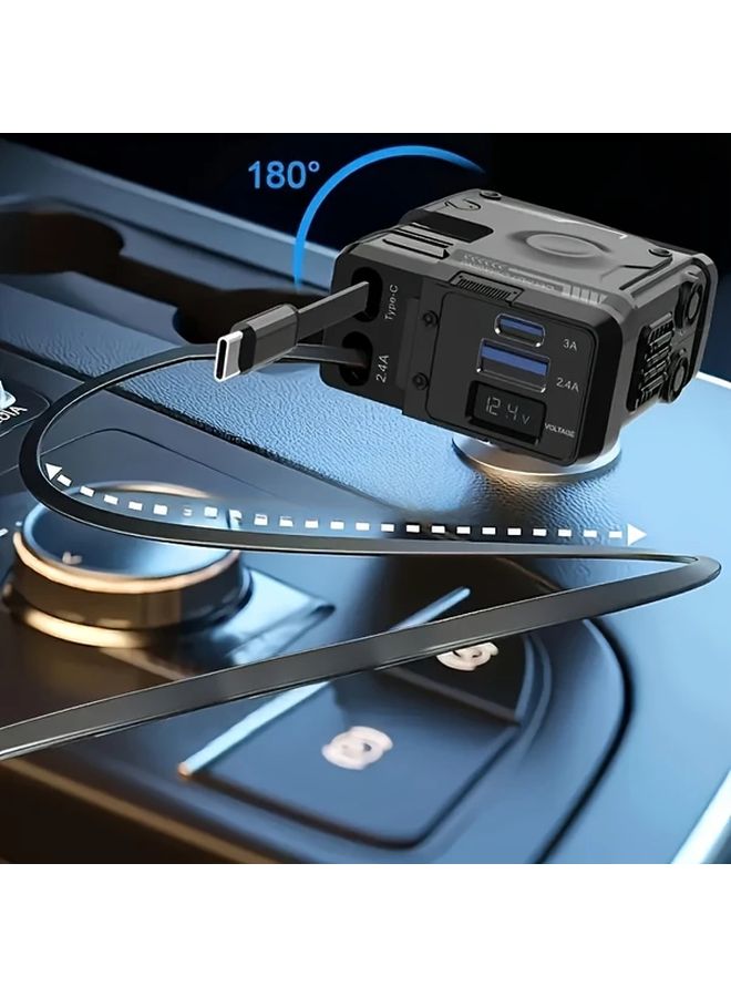 Black YITUMU شاحن سيارة قابل للسحب 4 في 1 فائق السرعة بقوة 66 واط مع منفذين USB - Image 4