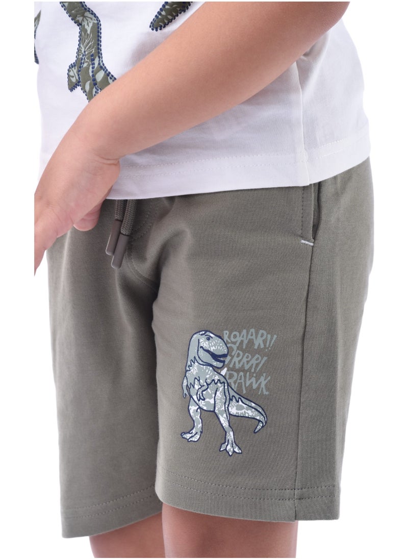 victor and jane - Kids Boys Set Comfortable 2-Piece T-Shirt & Shorts Set (2-8 Years) - Off-White & Olive - Image 1