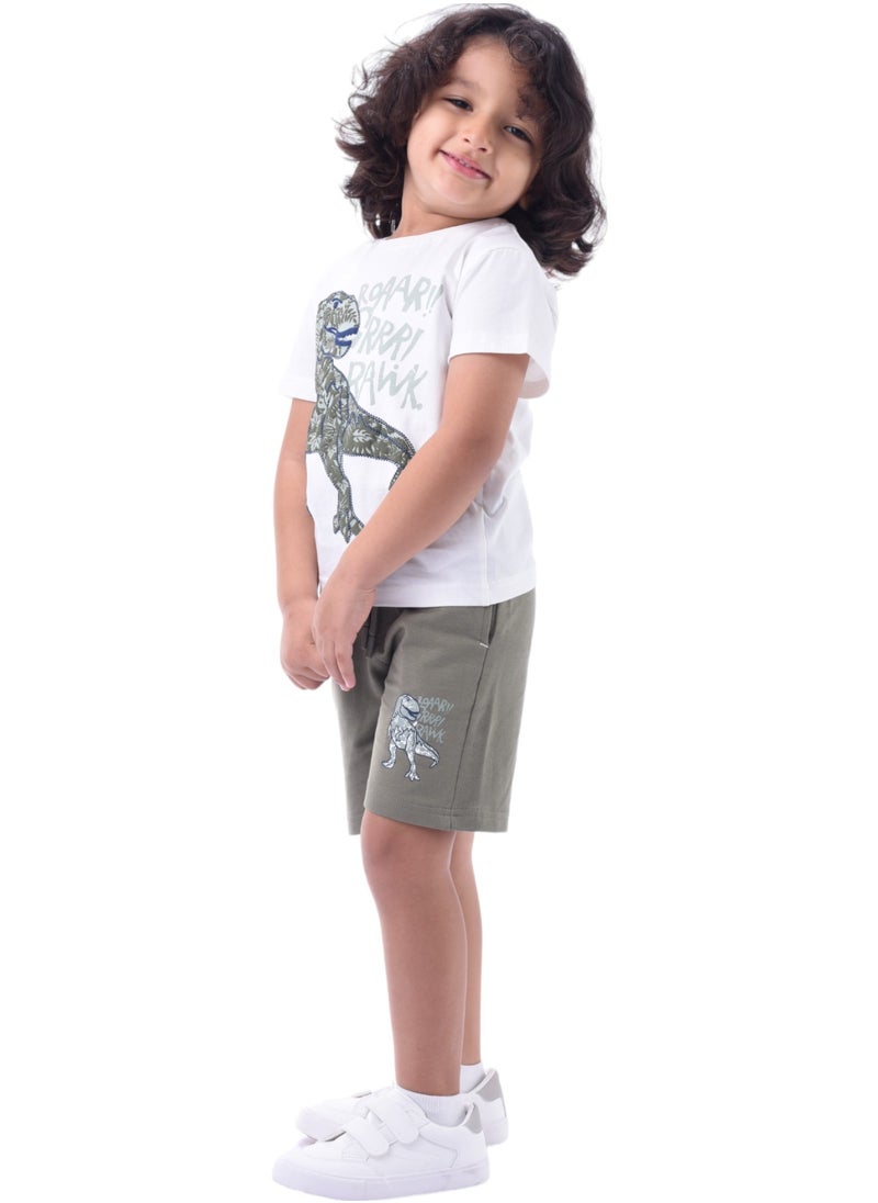 victor and jane - Kids Boys Set Comfortable 2-Piece T-Shirt & Shorts Set (2-8 Years) - Off-White & Olive - Image 1