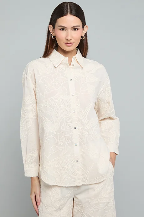 أر أند بي Embroidered Shirt with Classic Collar and Long Sleeves