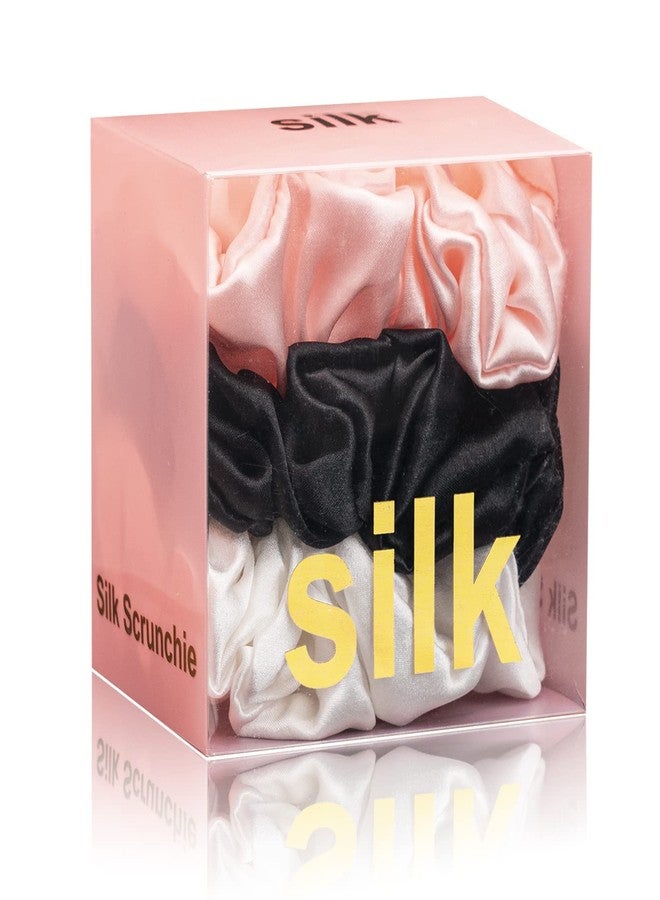 RR DESIGN Mullberry Silk Hair Scrunchies, Pack of 3, Neutral Colors - (BLACK_WHITE_PINK) - Image 1