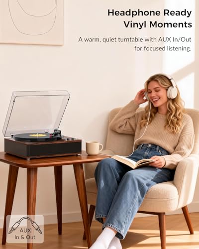 TANLANIN Vinyl Record Player with Bluetooth Input Output, Built-in Stereo Speakers, 3-Speed Turntable LP Player, Full-Size Vintage Vinyl Player, Counterweight, AUX/RCA/Headphone Jack, Walnut - Image 3