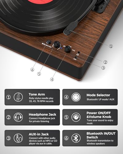 TANLANIN Vinyl Record Player with Bluetooth Input Output, Built-in Stereo Speakers, 3-Speed Turntable LP Player, Full-Size Vintage Vinyl Player, Counterweight, AUX/RCA/Headphone Jack, Walnut - Image 4