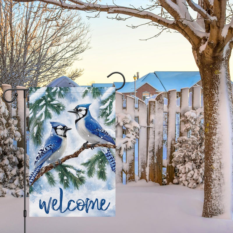 Heyfibro Welcome Winter Blue Jay Garden Flag 12x18 Inch Double Sided Burlap, Christmas Bird Pine Branches Snow Yard Flags for Seasonal Xmas Outside Outdoor Decoration (ONLY FLAG) - Image 2