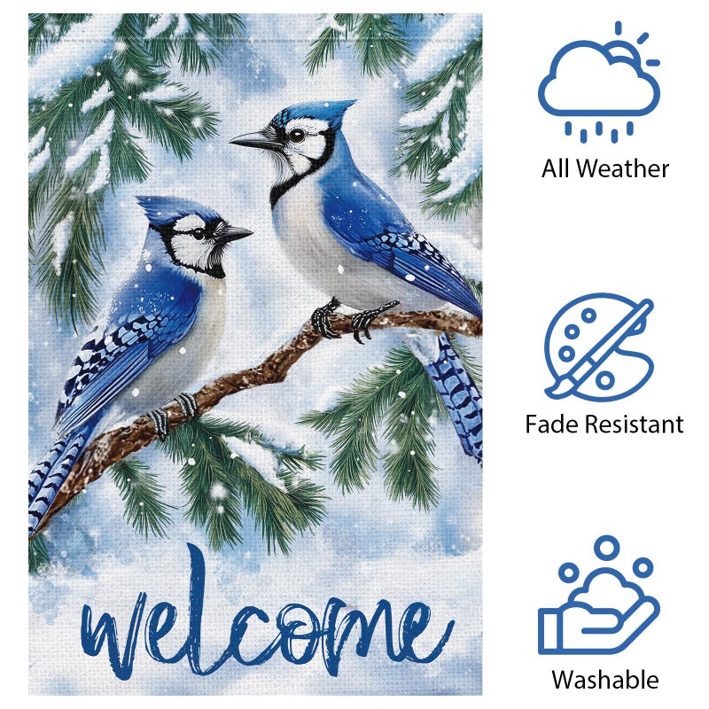 Heyfibro Welcome Winter Blue Jay Garden Flag 12x18 Inch Double Sided Burlap, Christmas Bird Pine Branches Snow Yard Flags for Seasonal Xmas Outside Outdoor Decoration (ONLY FLAG) - Image 5