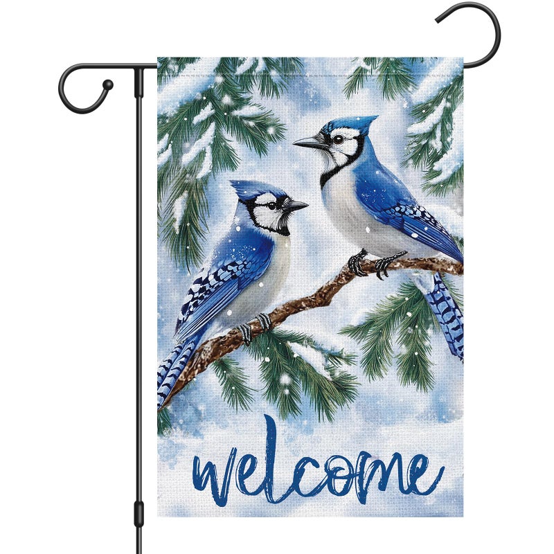 Heyfibro Welcome Winter Blue Jay Garden Flag 12x18 Inch Double Sided Burlap, Christmas Bird Pine Branches Snow Yard Flags for Seasonal Xmas Outside Outdoor Decoration (ONLY FLAG) - Image 1