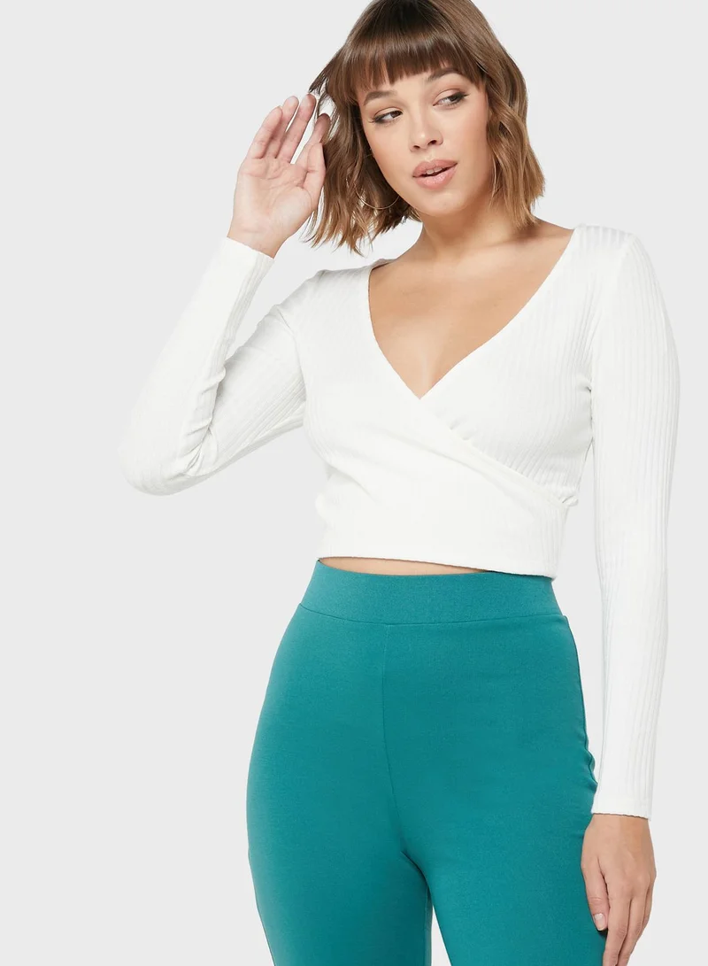 MONKI Ribbed Surplice Neck Crop Top