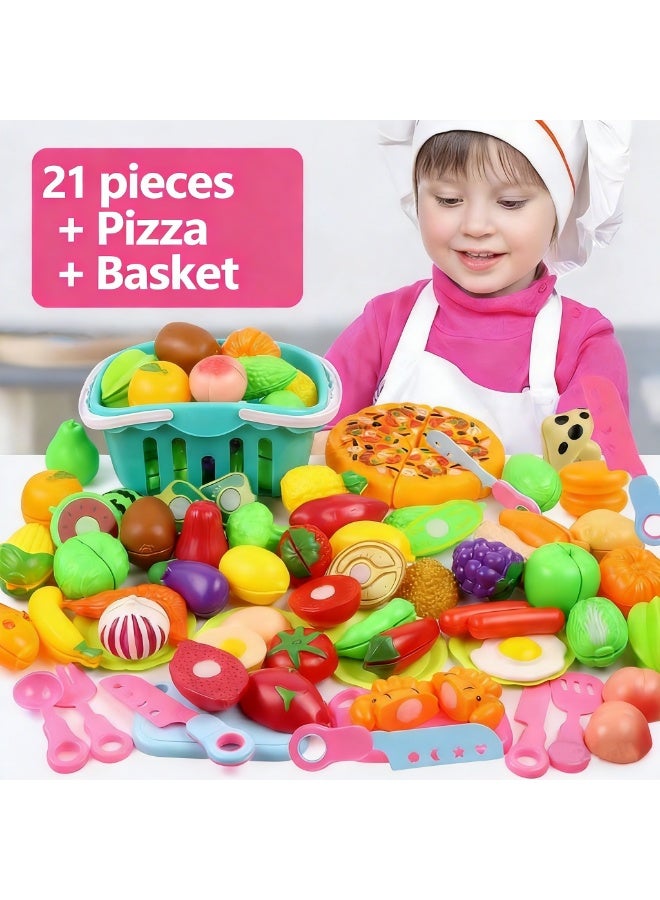 21-Piece Creative Kitchen Role-Play Toy Set with 1 Thick Knife, Random Fruit and Vegetable Accessories + Pizza + Storage Basket, Made from Non-Toxic Materials, Suitable for Children - Image 3