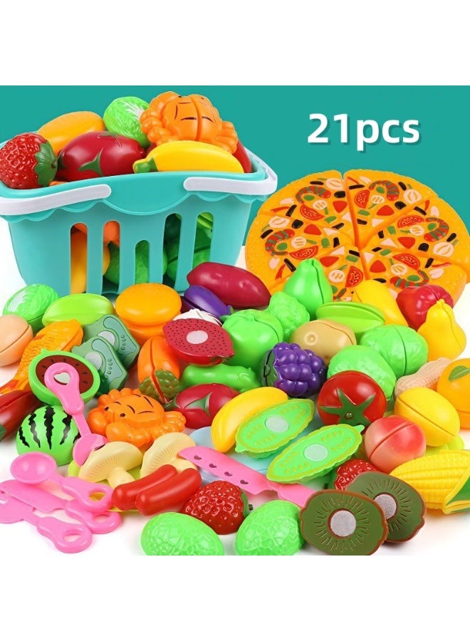 21-Piece Creative Kitchen Role-Play Toy Set with 1 Thick Knife, Random Fruit and Vegetable Accessories + Pizza + Storage Basket, Made from Non-Toxic Materials, Suitable for Children - Image 2
