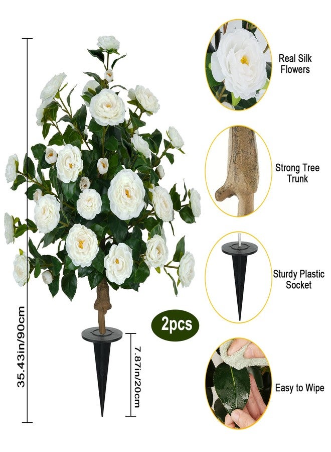 MHMJON 2 Packs 35.4" Artificial Camellia Tree Outdoor, 3FT Fake Flower Trees UV Resistant Faux Bushes Outdoor for Patio Porch Garden Indoor Flower Pots Home Decoration (White) - Image 2