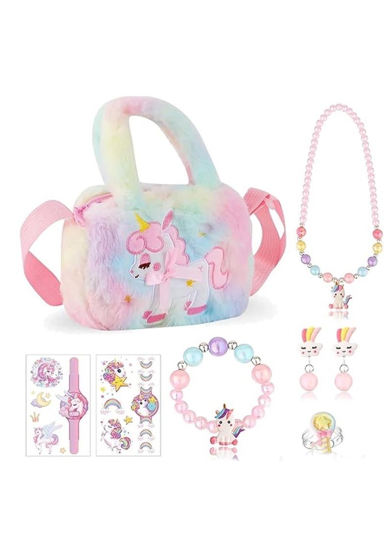 Excefore Unicorn Gifts for Girls, 8 PCS Unicorn Crossbody Bag Purse with Jewelry Set, Rainbow Plush Unicorn Princess Necklace Bracelet Rings Earrings Stickers Handbag Gifts Accessories Jewelry Party Favors  - Image 1