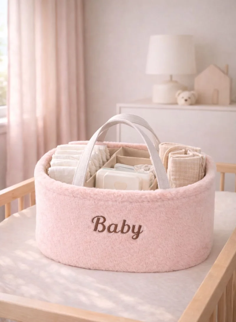 1Chase pink Baby Diaper Caddy Organizer – Soft Plush Nursery Storage Basket with Handles, Portable Changing Table & Car Organizer for Newborn Essentials (Pink)  | Best Price UAE