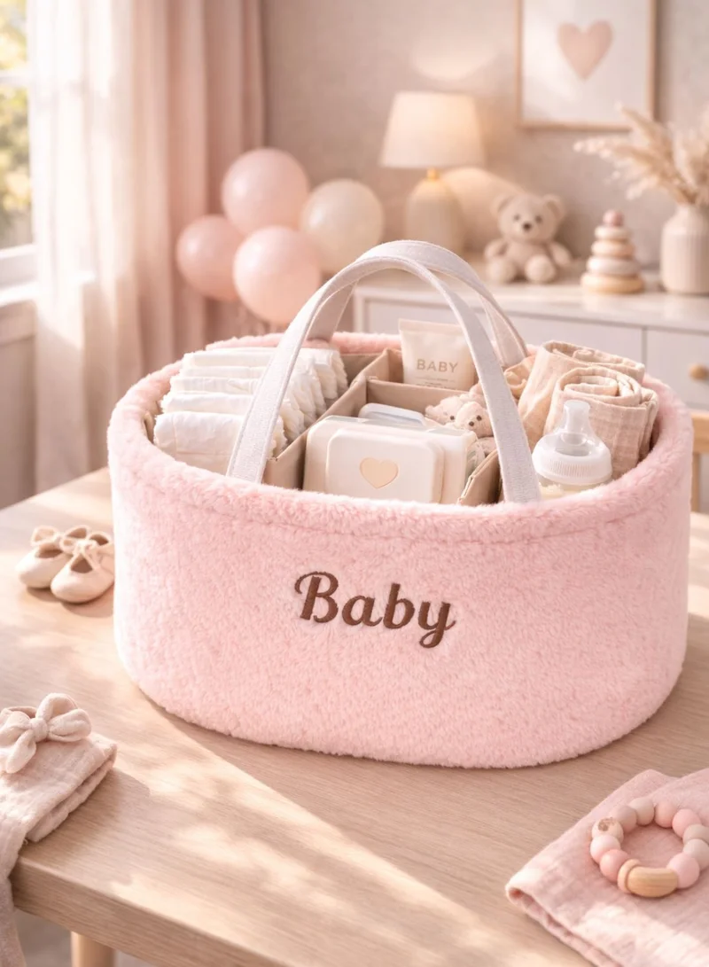 1Chase pink Baby Diaper Caddy Organizer – Soft Plush Nursery Storage Basket with Handles, Portable Changing Table & Car Organizer for Newborn Essentials (Pink)  | Best Price UAE