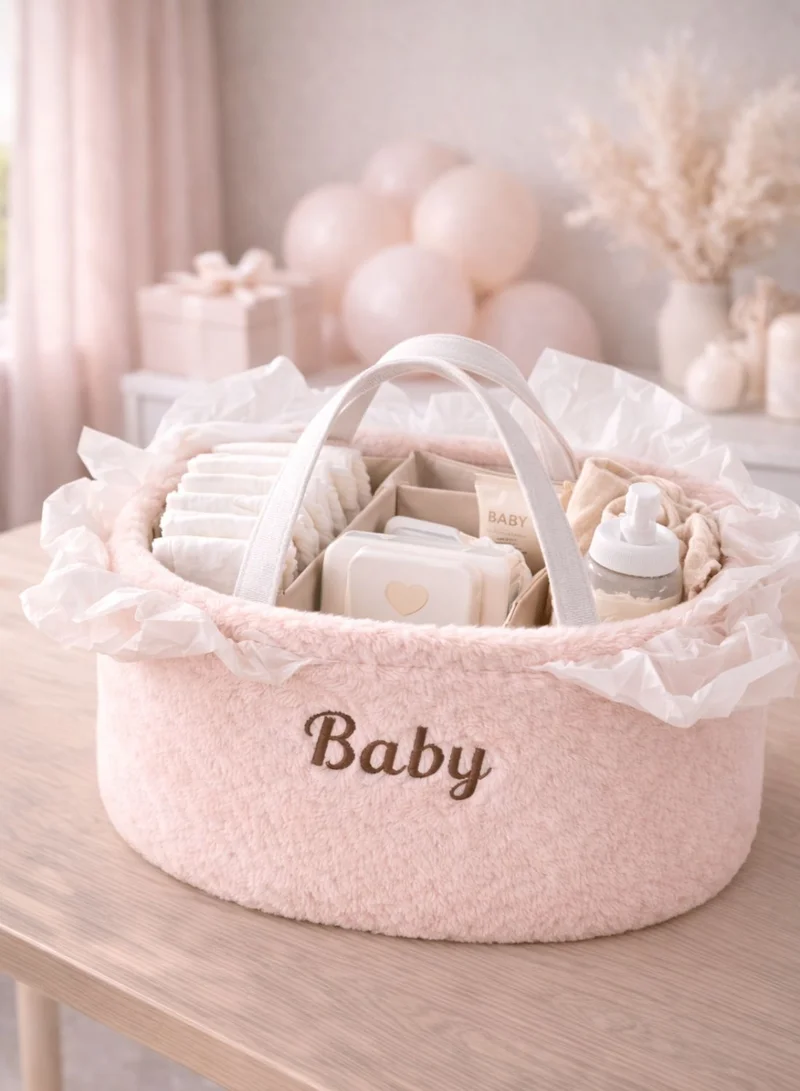 1Chase pink Baby Diaper Caddy Organizer – Soft Plush Nursery Storage Basket with Handles, Portable Changing Table & Car Organizer for Newborn Essentials (Pink)  | Best Price UAE