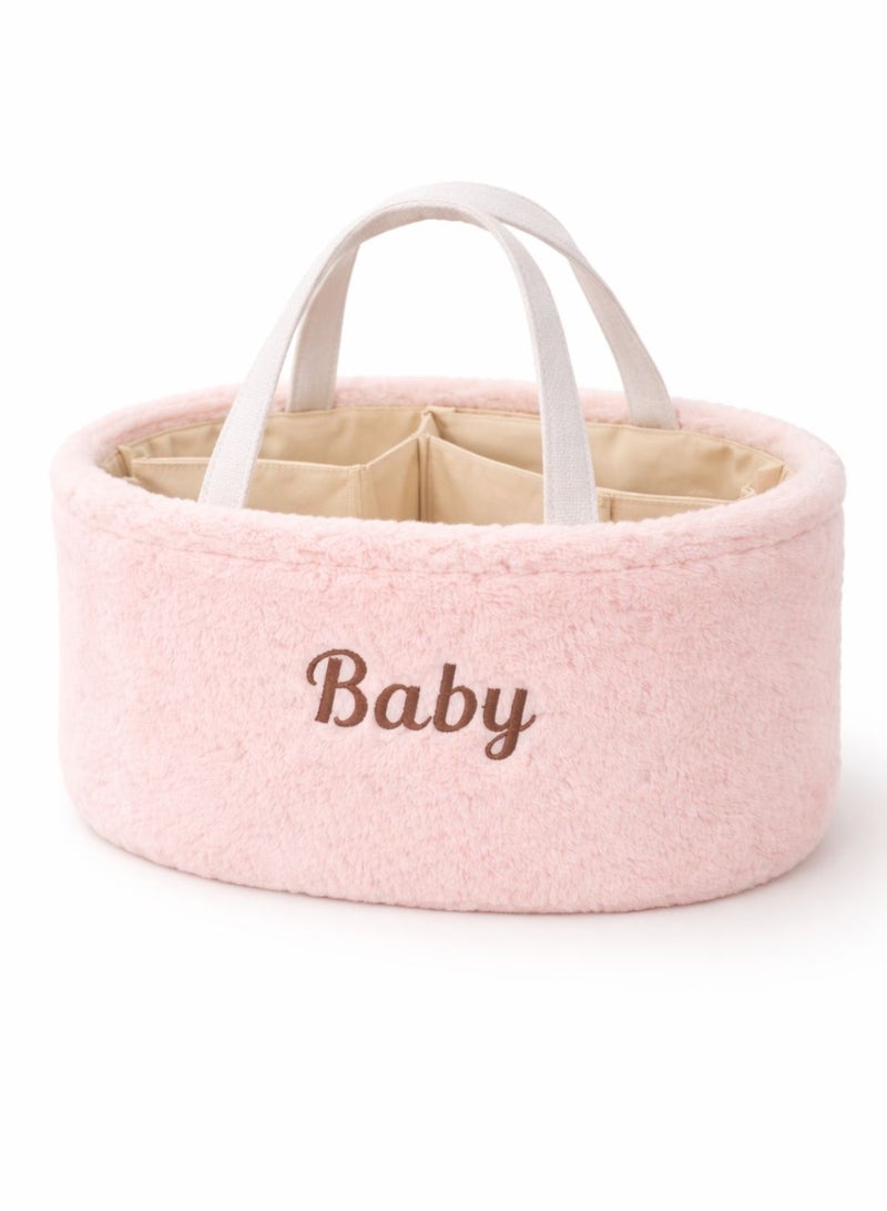 1Chase Baby Diaper Caddy Organizer – Soft Plush Nursery Storage Basket with Handles, Portable Changing Table & Car Organizer for Newborn Essentials (Pink) - Image 1