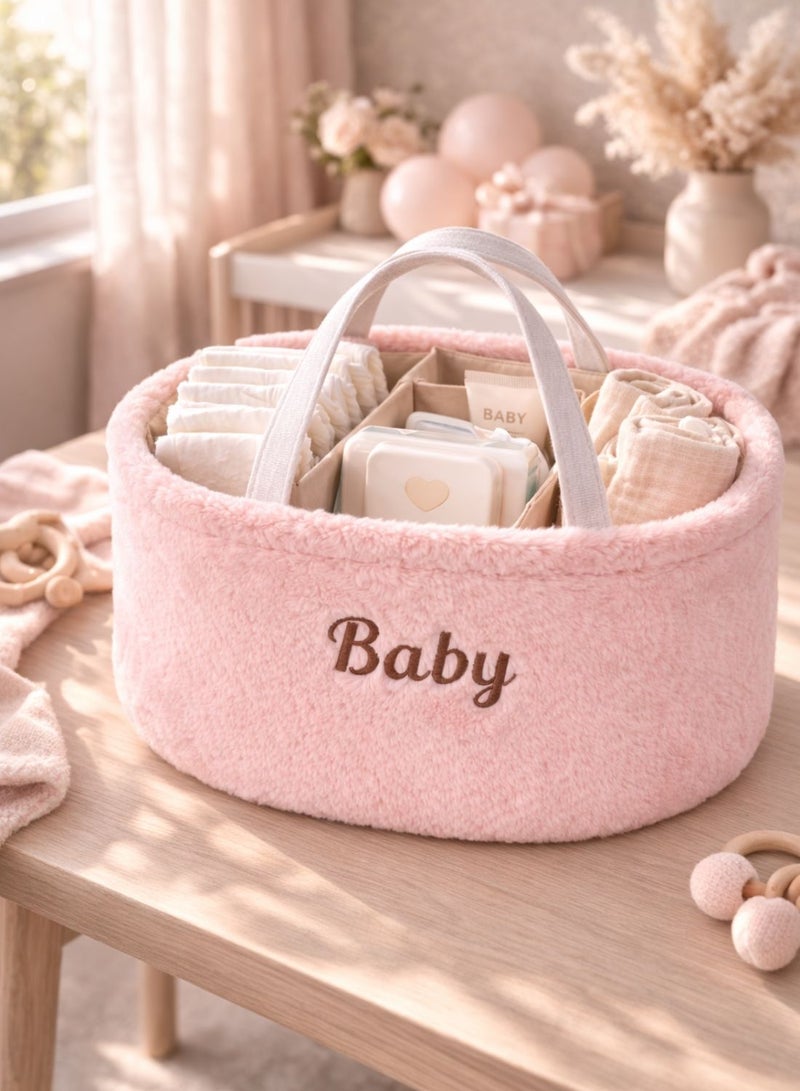 1Chase Baby Diaper Caddy Organizer – Soft Plush Nursery Storage Basket with Handles, Portable Changing Table & Car Organizer for Newborn Essentials (Pink) - Image 2