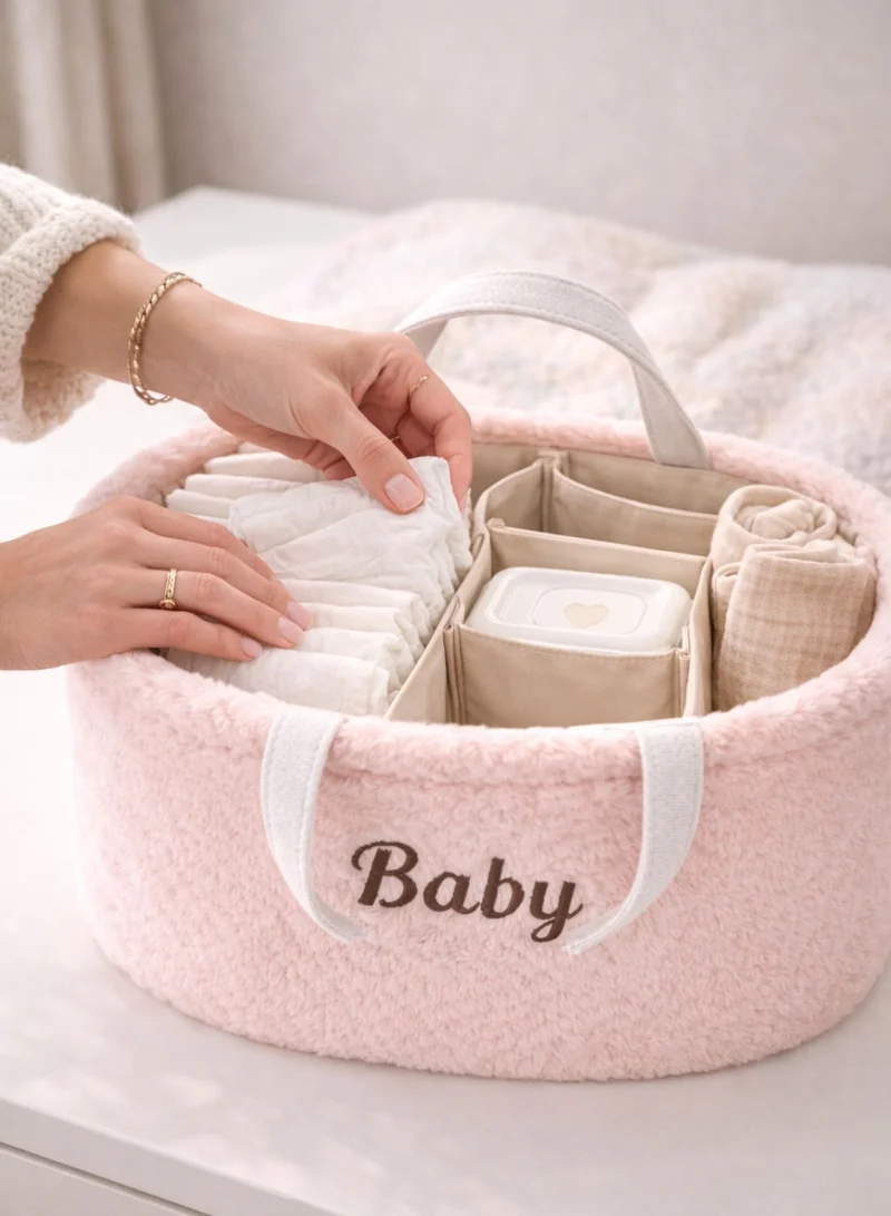 1Chase pink Baby Diaper Caddy Organizer – Soft Plush Nursery Storage Basket with Handles, Portable Changing Table & Car Organizer for Newborn Essentials (Pink)  | Best Price UAE