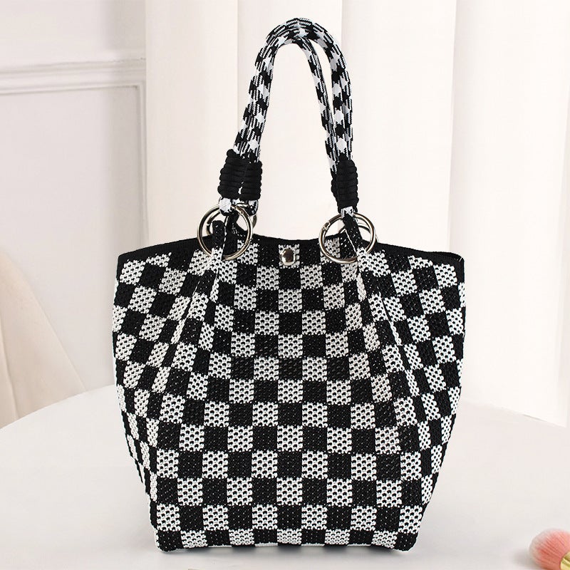 Cute Fresh Wool Crochet Bag Shoulder Portable Checkerboard Square Women'S Bag Fresh And Sweet Knitted Bag - Image 1
