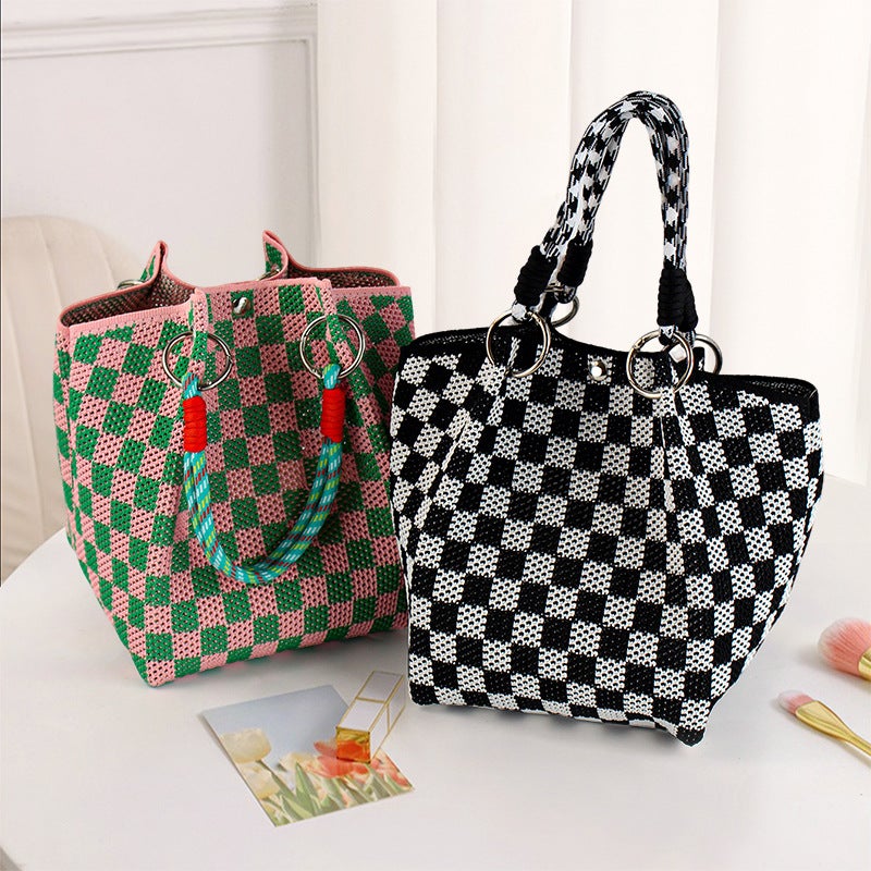 Cute Fresh Wool Crochet Bag Shoulder Portable Checkerboard Square Women'S Bag Fresh And Sweet Knitted Bag - Image 4