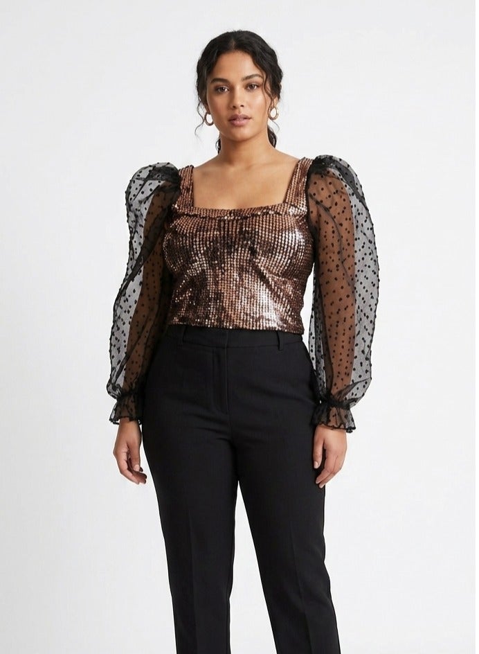 Women soiree party lycra rose gold & black top blouse with transparent sleeves