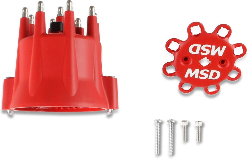 MSD 8433 Red, V8 Distributor Cap With HEI Terminals and Spark Plug Wire Retainer - Image 1