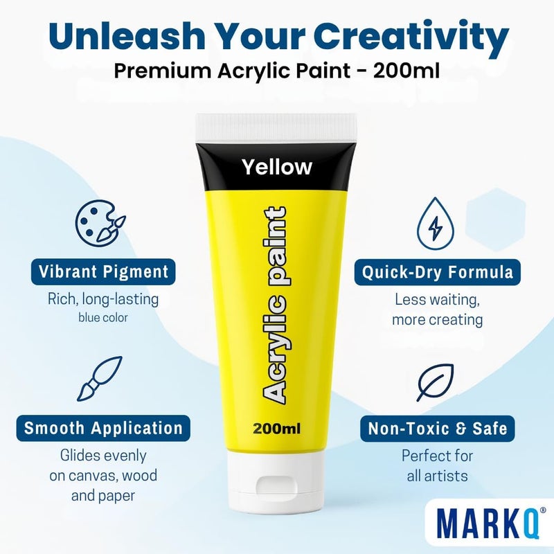 MARKQ طلاء أكريليك 200 مل أنبوب – ألوان فنية غنية، عالية الصبغة وغير سامة | 10 ألوان زاهية للحرف اليدوية، القماش، الورق، الخشب، القماش، ومشاريع الفن (أصفر) - Image 1