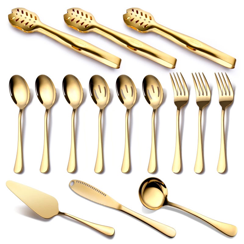 Gold Serving Utensils OGORI 15Piece Stainless Steel Gold Serving Utensils Set Include Serving Spoons Slotted Serving Spoons Serving Tongs Serving Forks Butter Knife Soup Ladle Pie Server