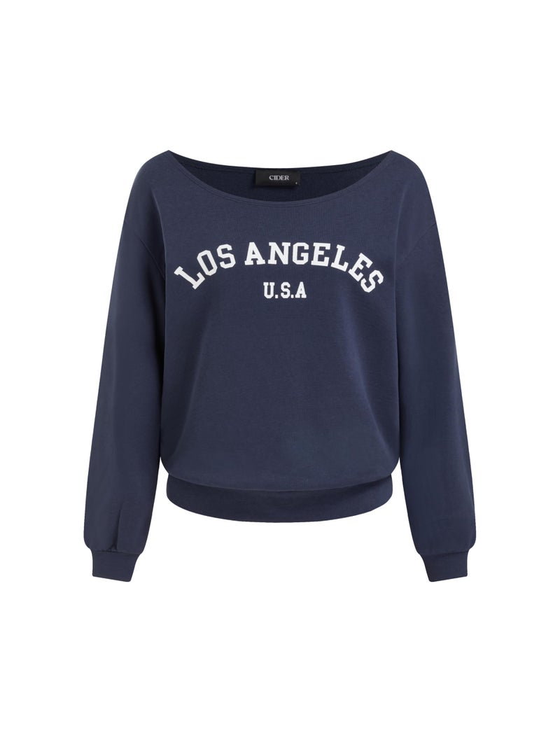 CIDER Womens Off Shoulder Sweatshirt Letter Printed Y2k Basic Casual Trendy Top Fall Fashion Pullover Shirt Dark Navy - Image 1