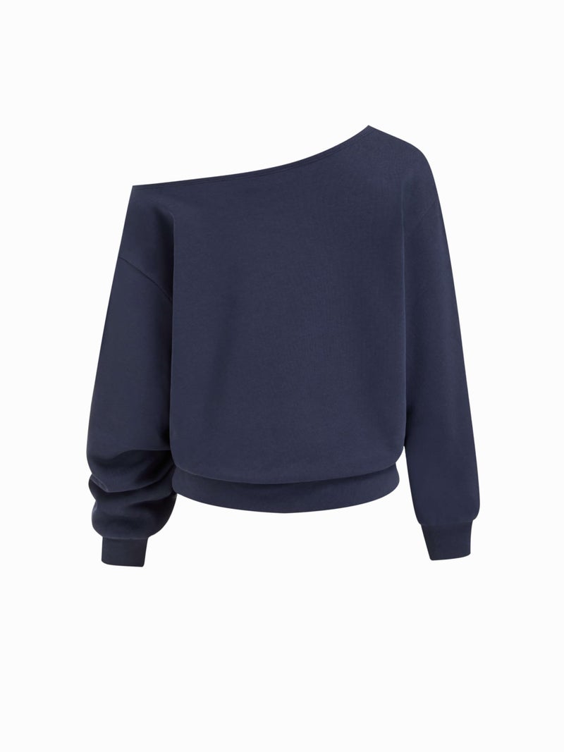 CIDER Womens Off Shoulder Sweatshirt Letter Printed Y2k Basic Casual Trendy Top Fall Fashion Pullover Shirt Dark Navy - Image 5