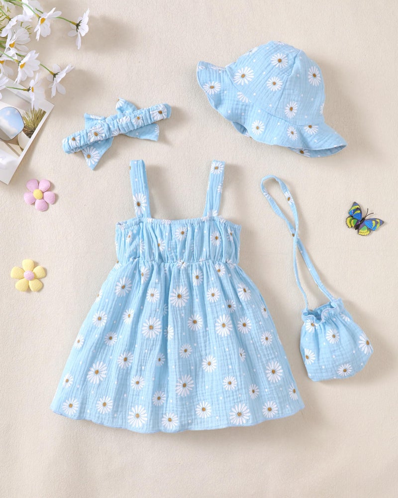 SODLON 18 Month Girl Dresses Sleeveless Causal Summer Dress Toddler Girl Clothes 18-24 Months Big Bow Blue Daisy Flower Sun Dress with Hat Cute Floral 24 Month Girl Outfits - Image 4
