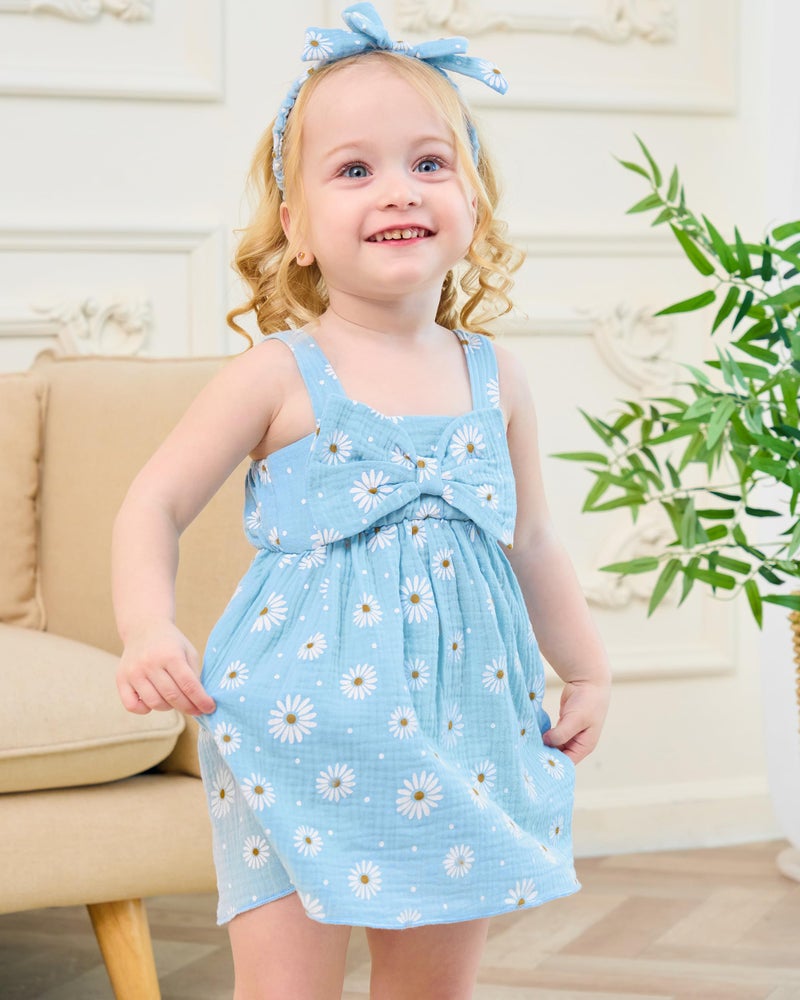 SODLON 18 Month Girl Dresses Sleeveless Causal Summer Dress Toddler Girl Clothes 18-24 Months Big Bow Blue Daisy Flower Sun Dress with Hat Cute Floral 24 Month Girl Outfits - Image 2